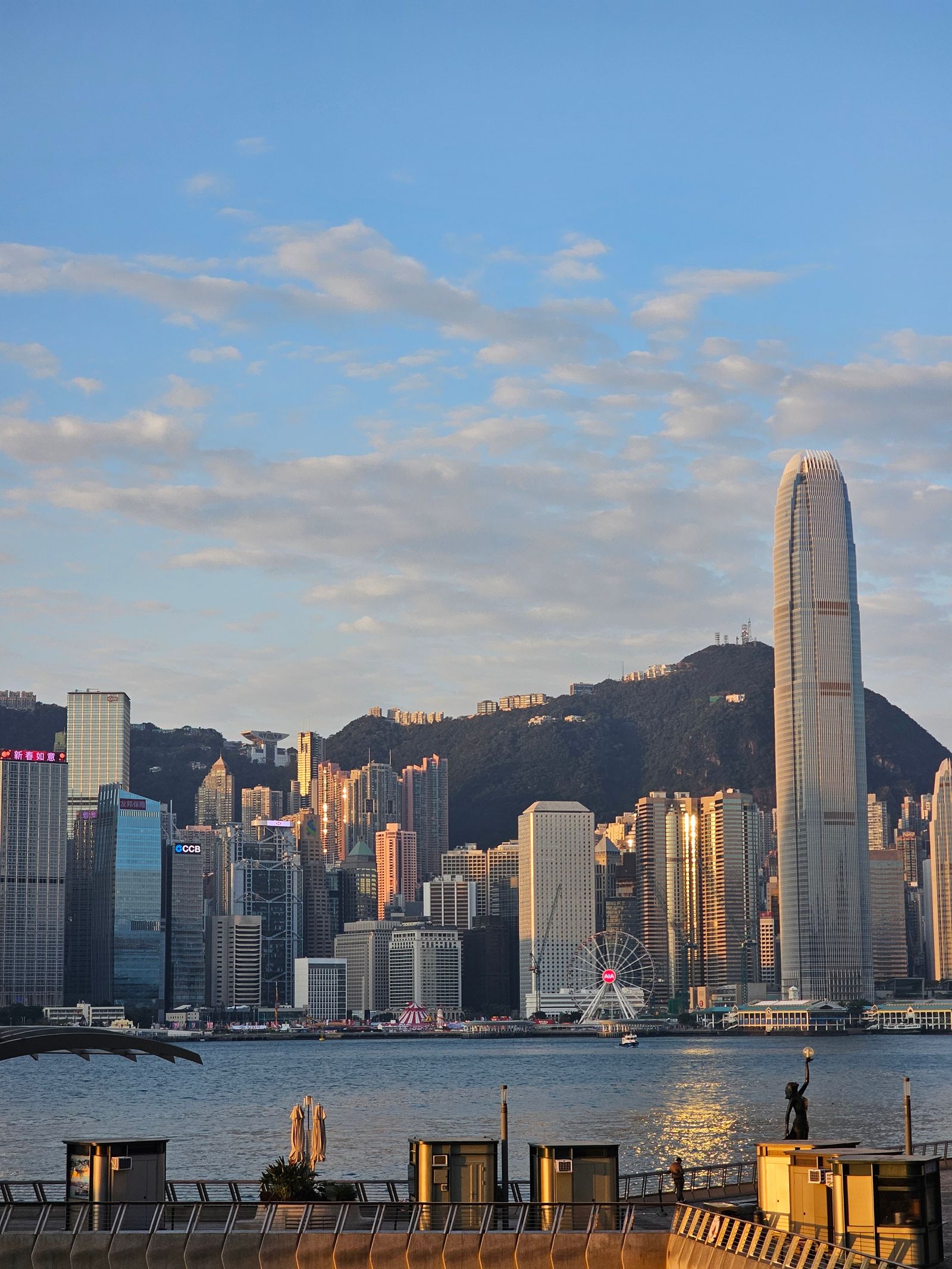 Hong Kong skyline from Victoria Harbour with Ferris wheel