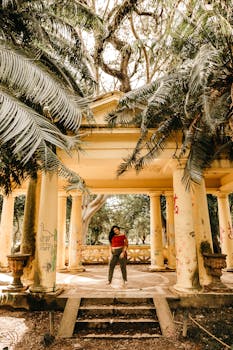 在阳光明媚的公园里，探索那座被棕榈树环绕的古老凉亭的人