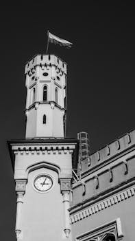 Black and white photo of a Gothic clock tower with a flag, against a clear sky.