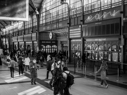 Free Black and white photo of a bustling train station interior with people moving around. Stock Photo
