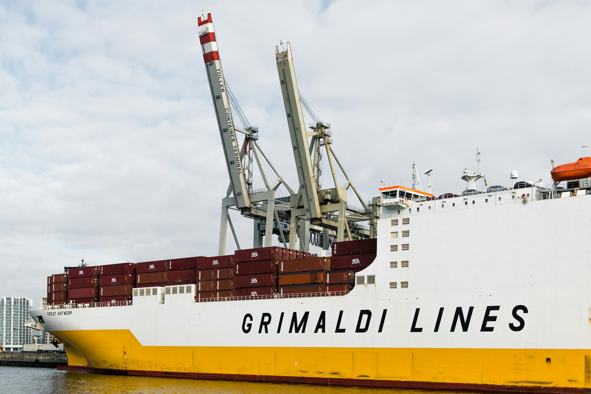 Large Grimaldi Lines container ship docked at Hamburg port showcasing global trade.