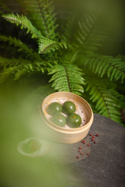 Free Steamed green dumplings in a bamboo steamer surrounded by lush green ferns, offering a natural backdrop. Stock Photo
