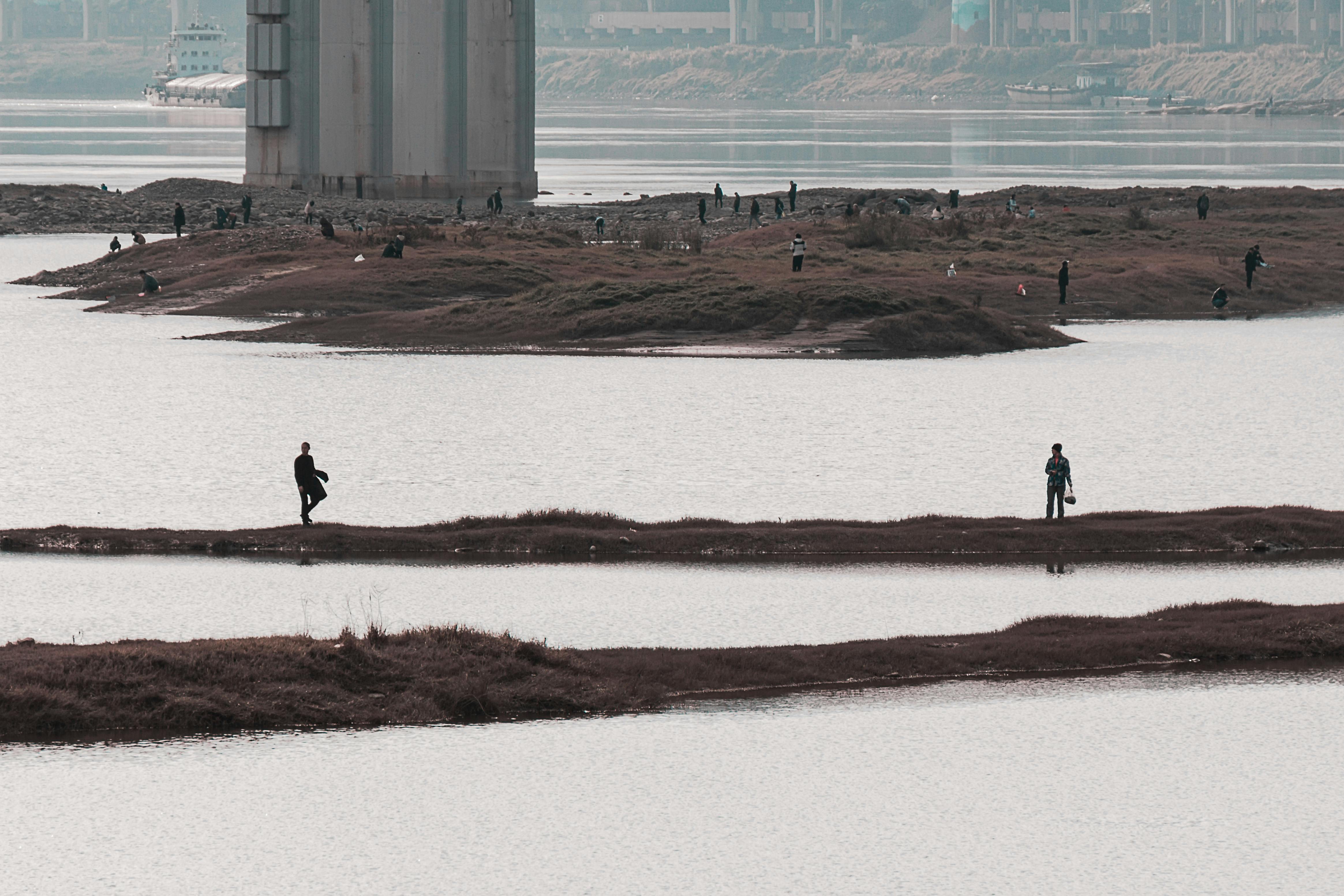 people walking on river island under bridge