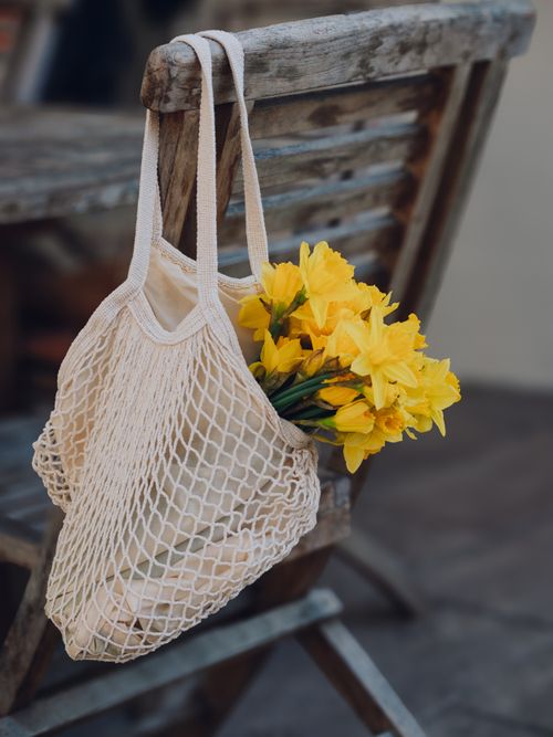Free Mesh bag with bright yellow daffodils hanging on a rustic wooden chair outdoors. Stock Photo