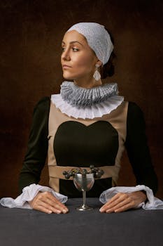 一幅艺术肖像中，一位身着复古文艺复兴风格服装的妇女手持葡萄杯