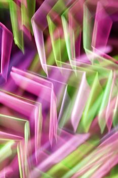 A mesmerizing display of abstract neon light streaks in pink and green hues, creating a modern art piece.