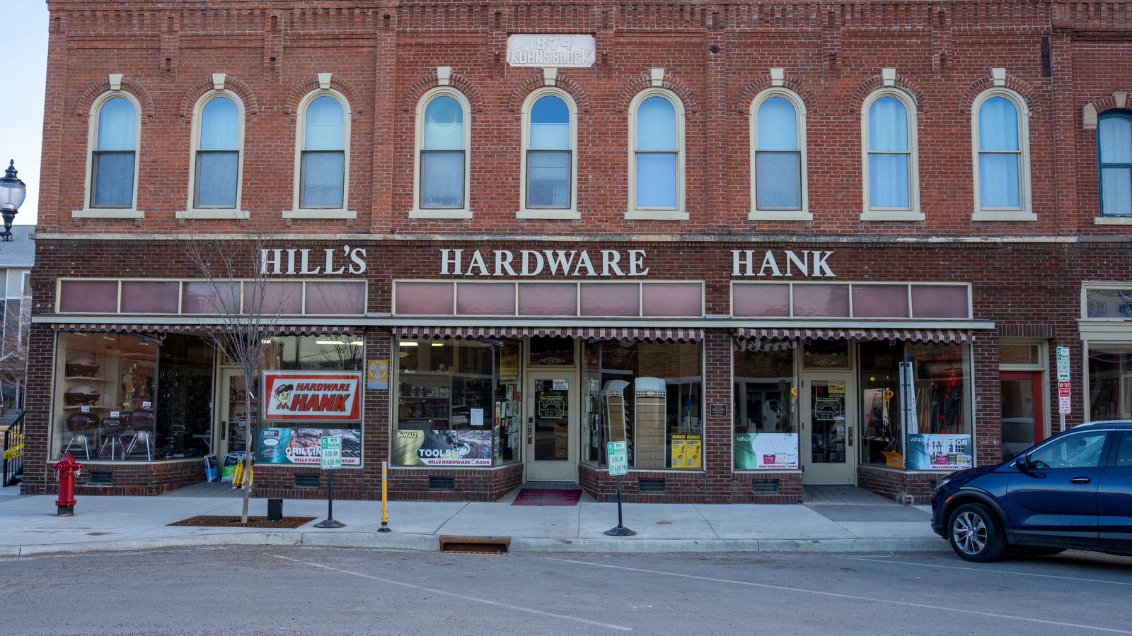 Charming brick facade of Hill's Hardware Hank in Wabasha, Minnesota.