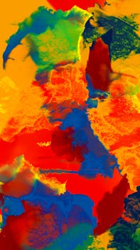 Dynamic abstract painting with vivid red, blue, and yellow tones, exuding an energetic expressionist style.