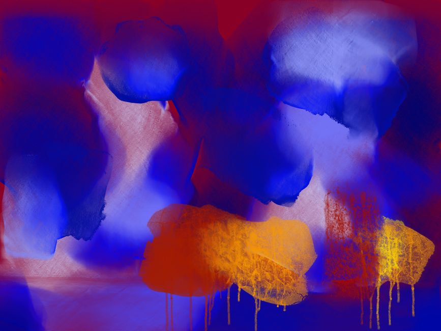 Dynamic abstract expressionist painting featuring bold blue and orange hues with textured layers.
