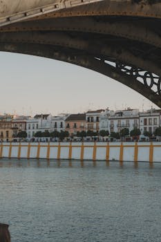 Scenic view of Triana district under bridge at sunset in Seville, Spain.