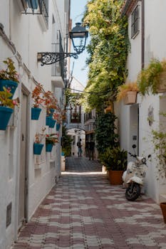 Enchanting narrow alley with potted plants and scooter in Marbella's Old Town.