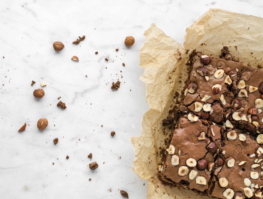 Tray of chocolate brownies ready to be portioned