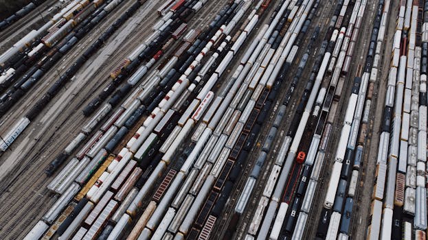 An aerial shot of numerous freight trains in a yard, showcasing industrial logistics.