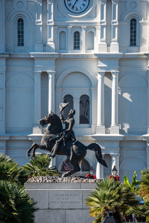Free Statue of Andrew Jackson in front of St. Louis Cathedral in New Orleans, Louisiana. Stock Photo