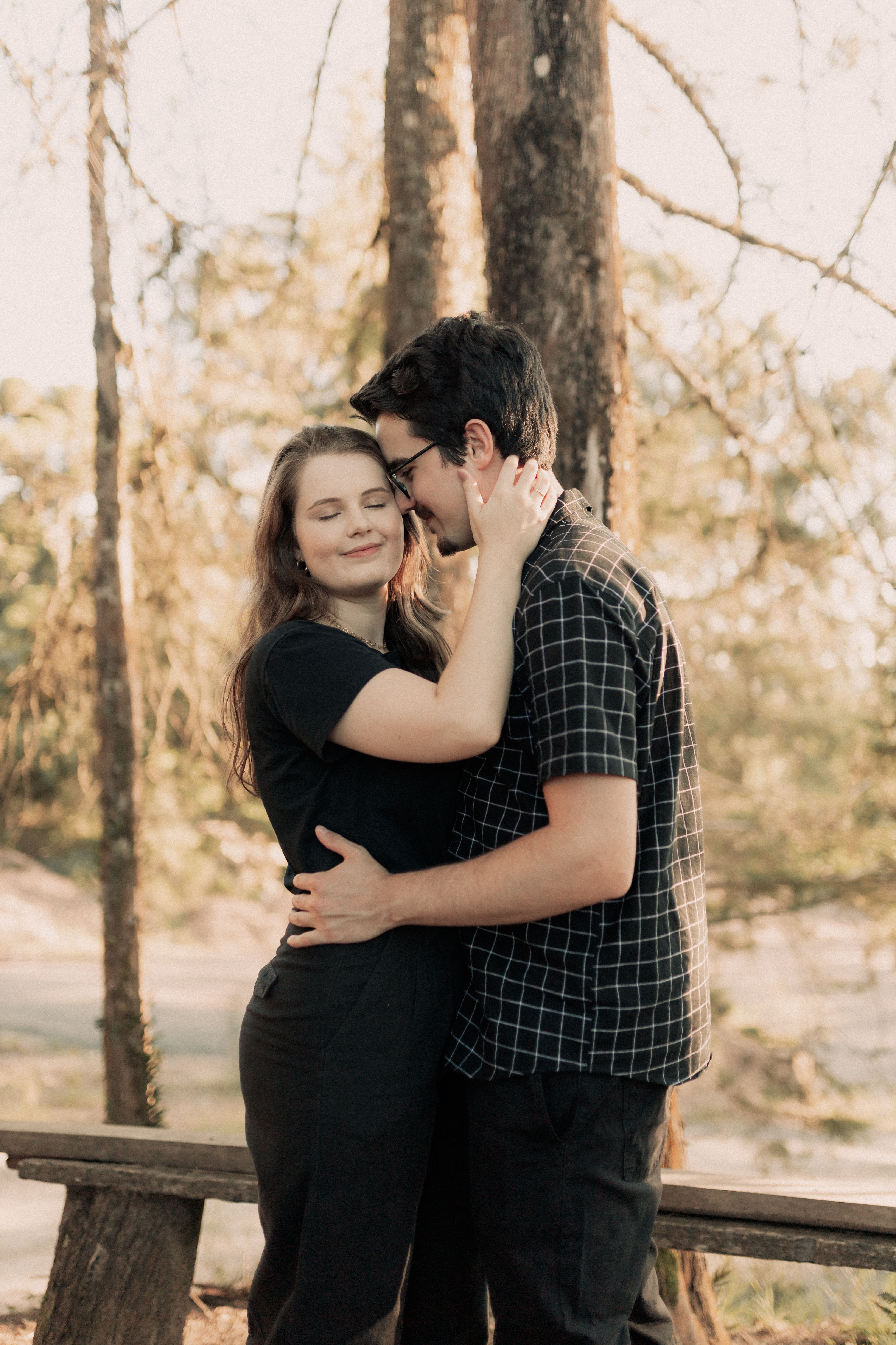 Romantic Couple Embracing in Sunlit Forest · Free Stock Photo