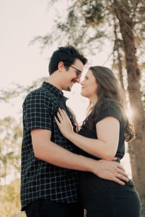 Free A couple shares a tender embrace under the sunlight, surrounded by trees. Stock Photo