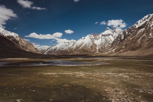 Snow-capped mountains and serene valleys under a clear blue sky in Kargil.
