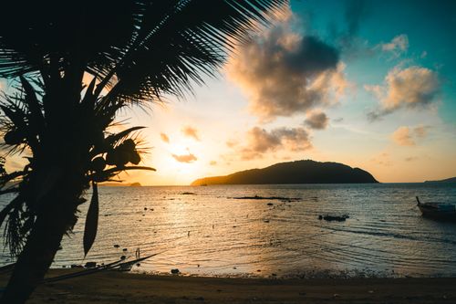 Free Stunning sunset view over a calm beach in Phuket, Thailand, with silhouetted palm tree and vibrant sky. Stock Photo