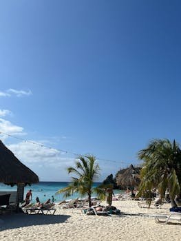 Sunny day at Palm Beach, Oranjestad with people enjoying the beach, palm trees, and blue sea.