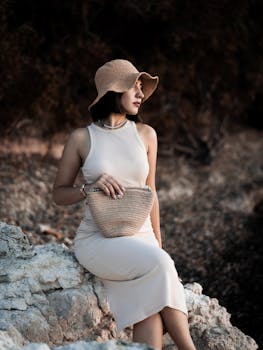 Stylish woman wearing a dress and straw hat by the coast in İzmir, Türkiye.