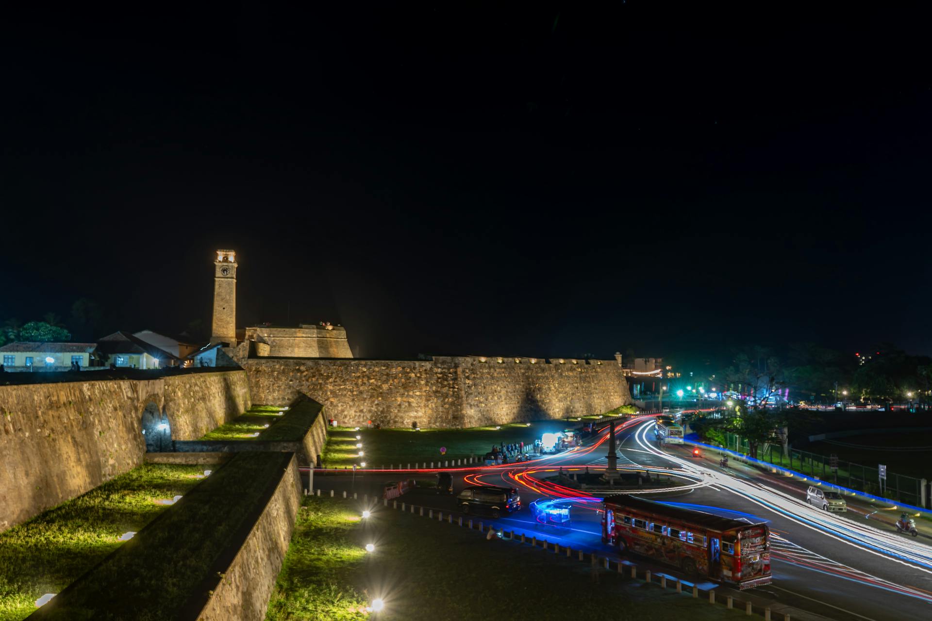 Explore the stunning night illumination and lively streets near Galle Fort in Sri Lanka.