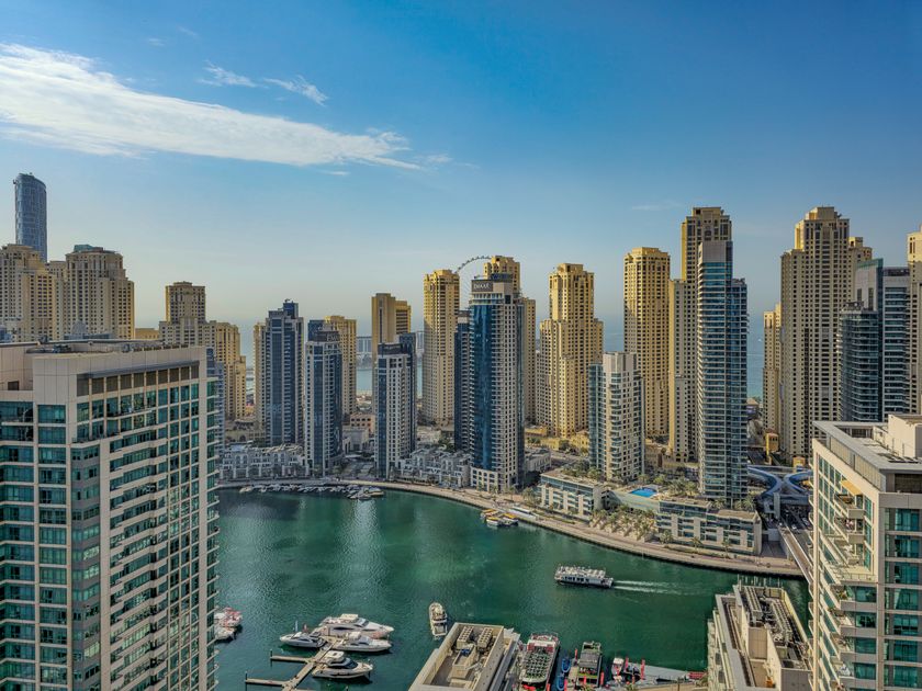 Aerial view of Dubai Marina towers representing Dubai free zone business districts