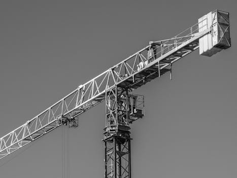 A monochrome image of a construction crane against a clear sky, showcasing industrial design.