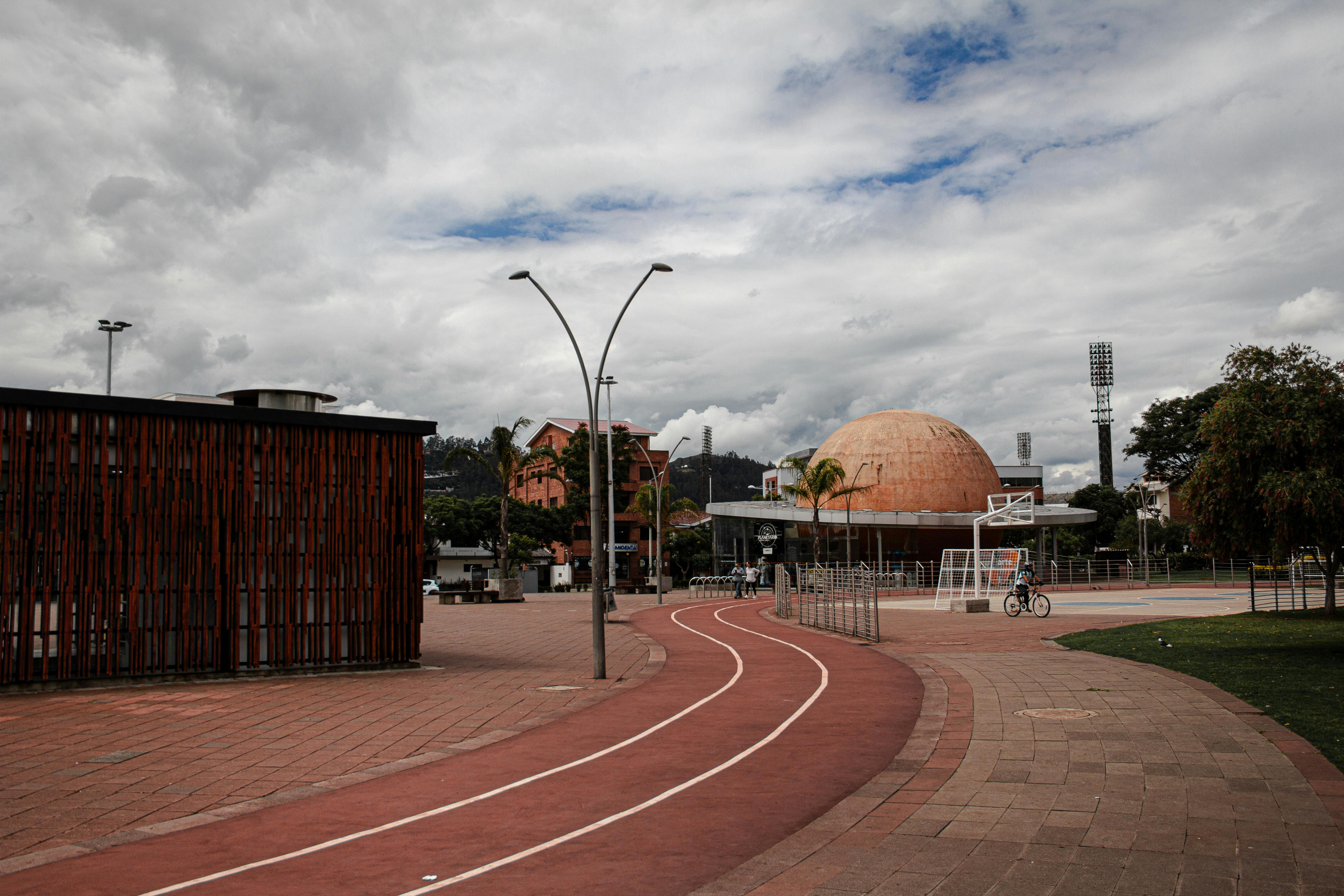 Outdoor view of modern architecture and bicycle path in Cuenca, Ecuador. - Cuenca