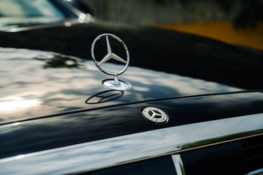 Elegant reflection of a luxury car emblem on a sleek black hood captures high-end sophistication.