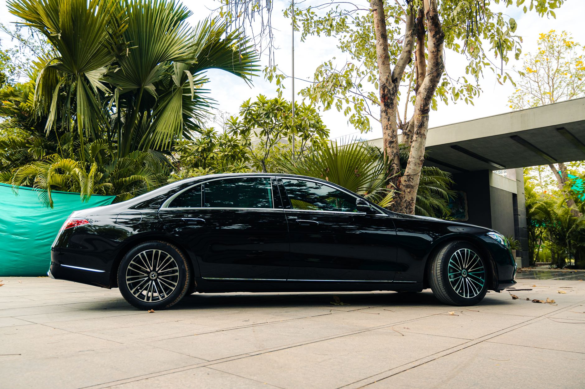 Luxurious black sedan elegantly positioned in a verdant outdoor setting.