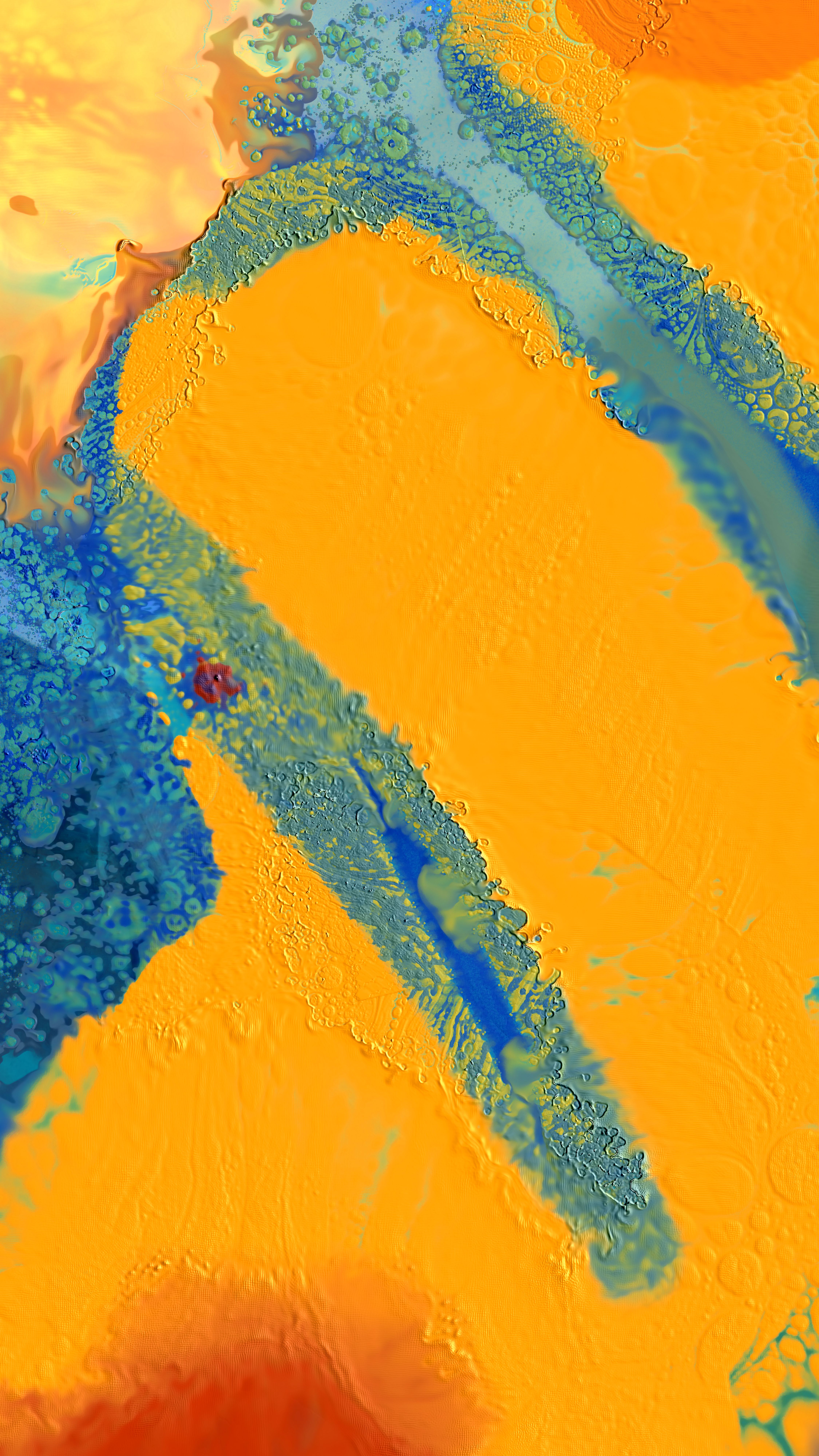 Dynamic abstract art with vibrant orange and blue hues, evoking movement and energy.