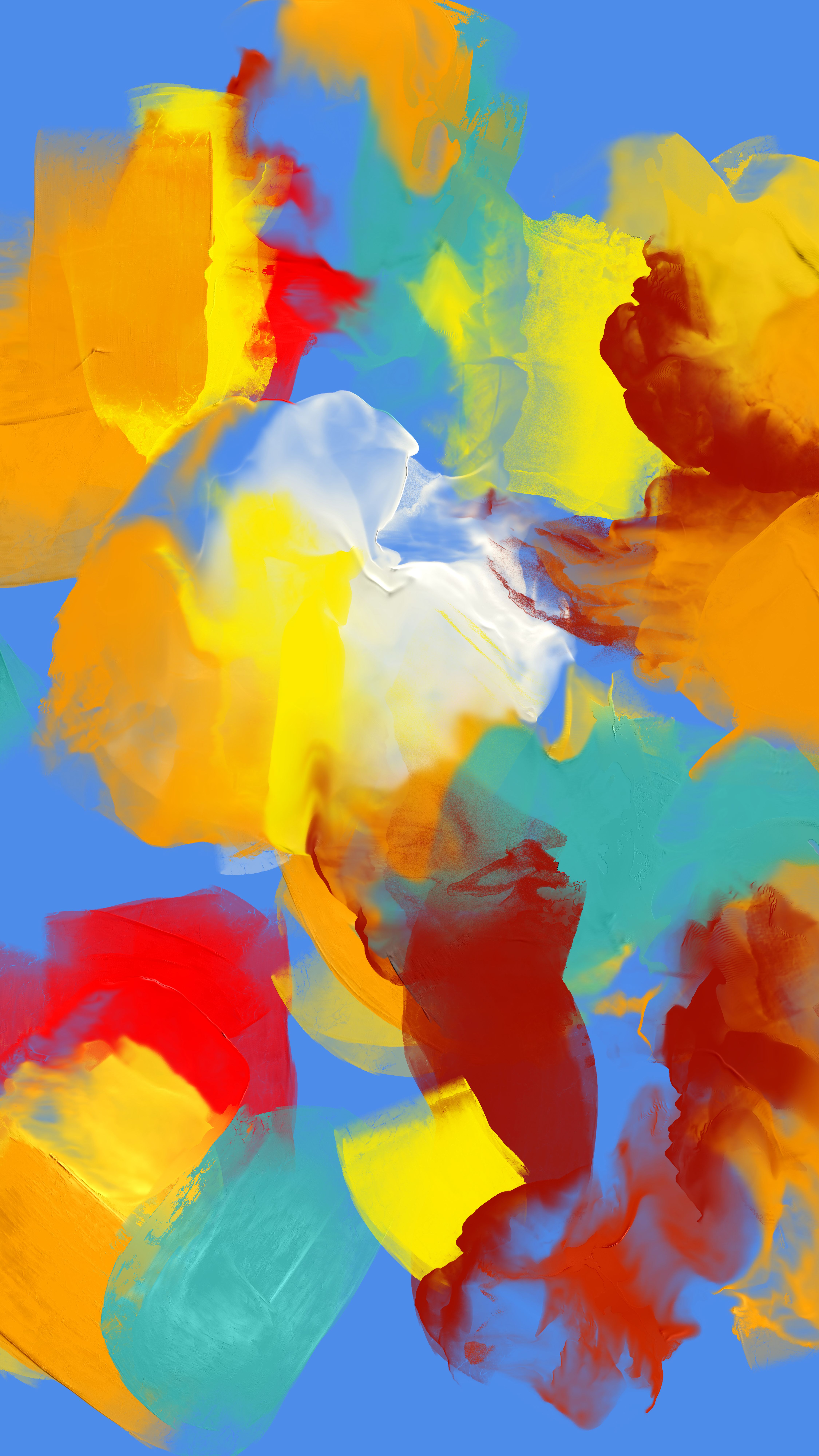 A vivid abstract artwork featuring swirling bursts of colorful paint on a blue backdrop.