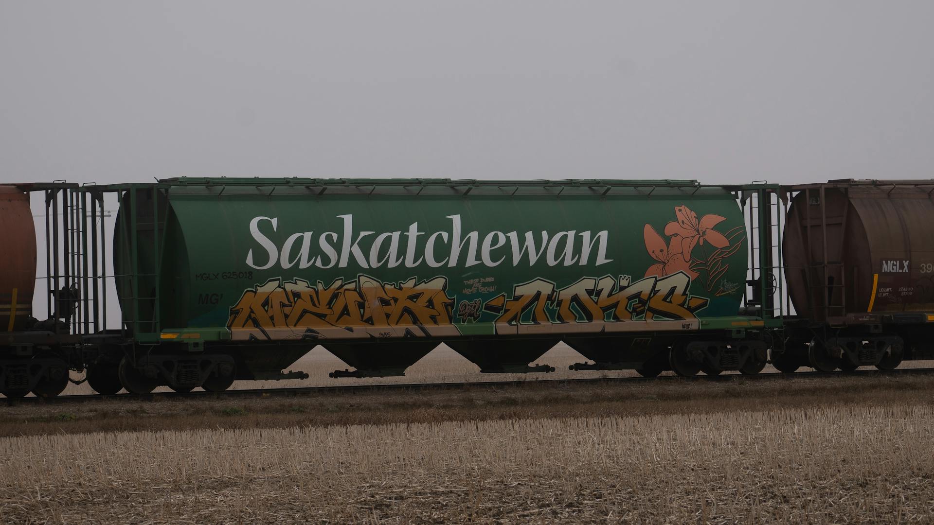 Green freight train car with bold graffiti art in a moody Saskatchewan field.