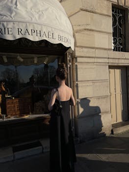 A woman in a black dress stands outside an antique store, gazing at the window display.