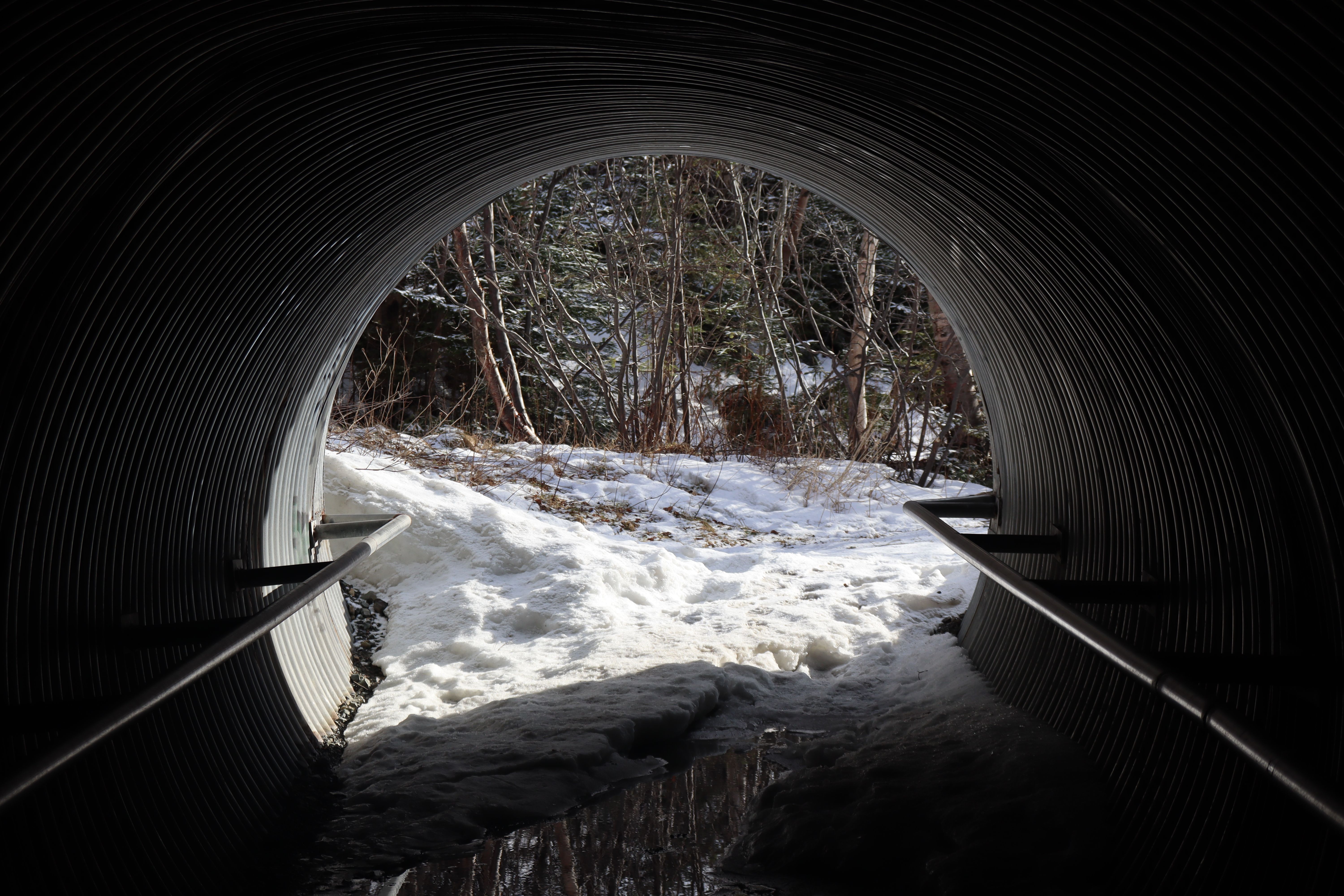 View of a snowy landscape through a circular tunnel, depicting a transition from dark to light.