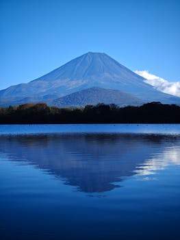 Stunning view of Mount Fuji with its reflection in a tranquil lake under clear blue skies.