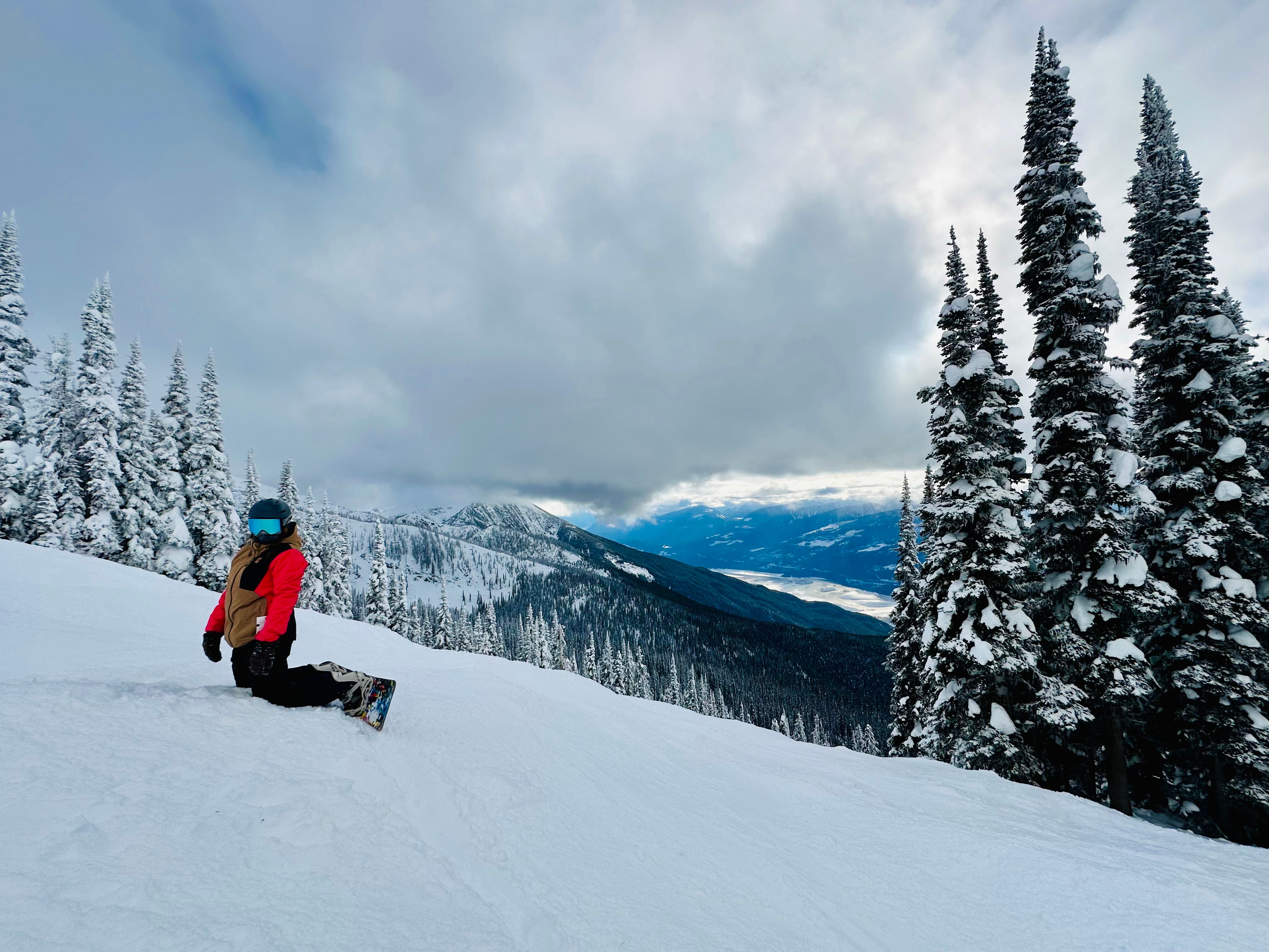 Snowboarder pauses on a snowy mountain slope with breathtaking views of snow-covered trees and distant peaks.
