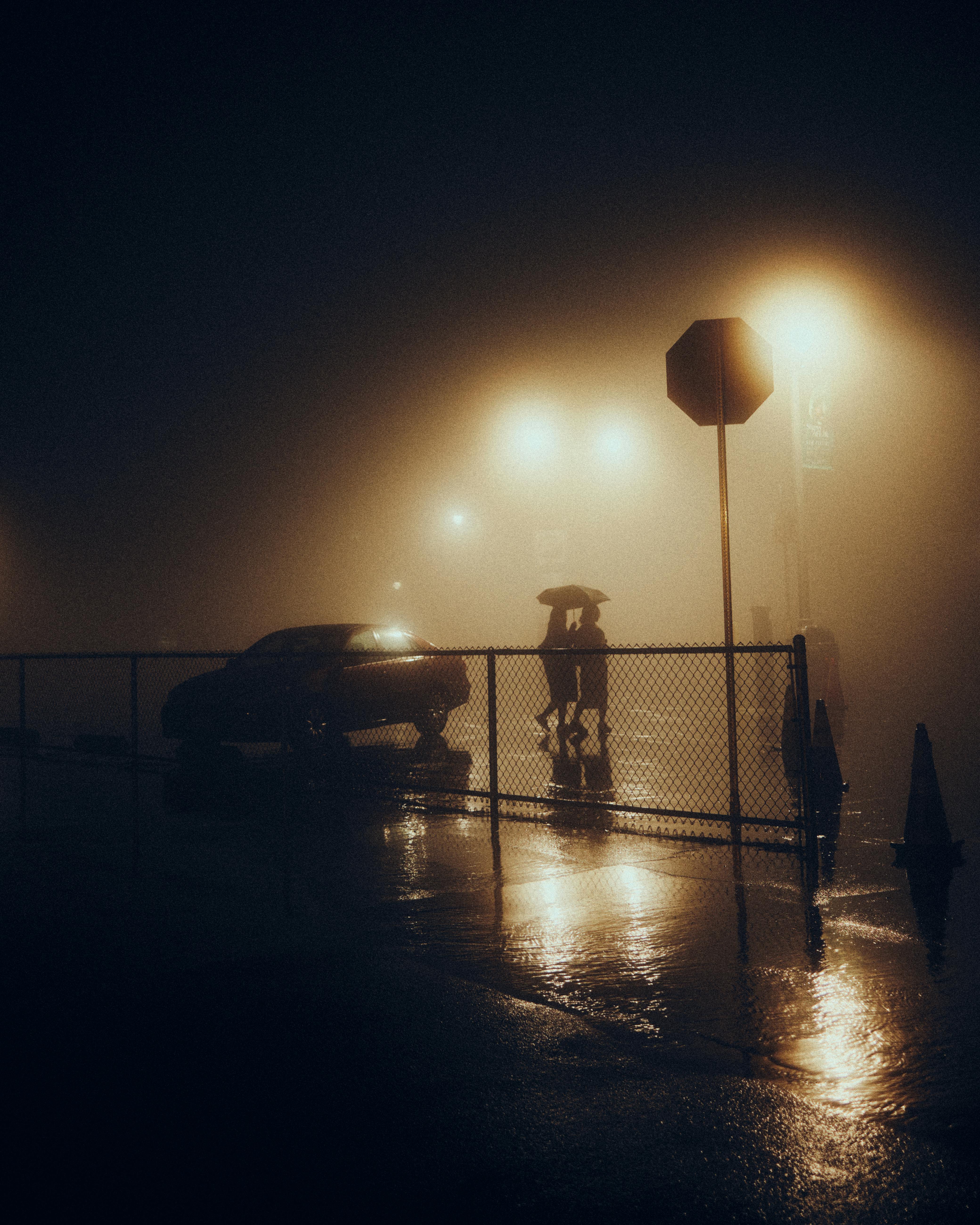 Foggy night scene in Los Angeles showing silhouettes, car, and streetlights.