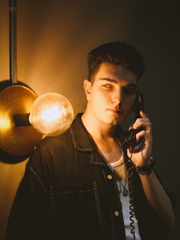 Portrait of a young man using a vintage phone under warm lighting indoors. Cozy mood.