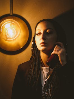 Artistic portrait of a woman with braided hair speaking on a vintage phone under warm lighting.