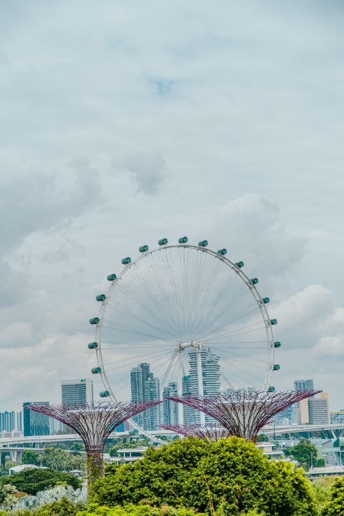 Free Panoramic view of Singapore skyline featuring the Singapore Flyer and Supertree Grove. Stock Photo