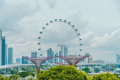 Free Panoramic view of Singapore skyline featuring the iconic Ferris wheel and modern architecture. Stock Photo