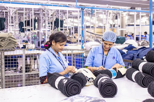 Two female textile workers process fabric rolls in a bustling factory setting.