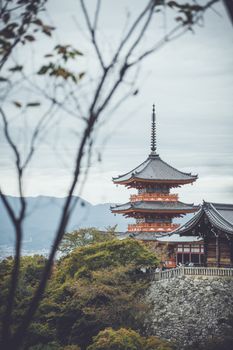 A serene view of a traditional Japanese pagoda surrounded by autumn foliage and mountains.