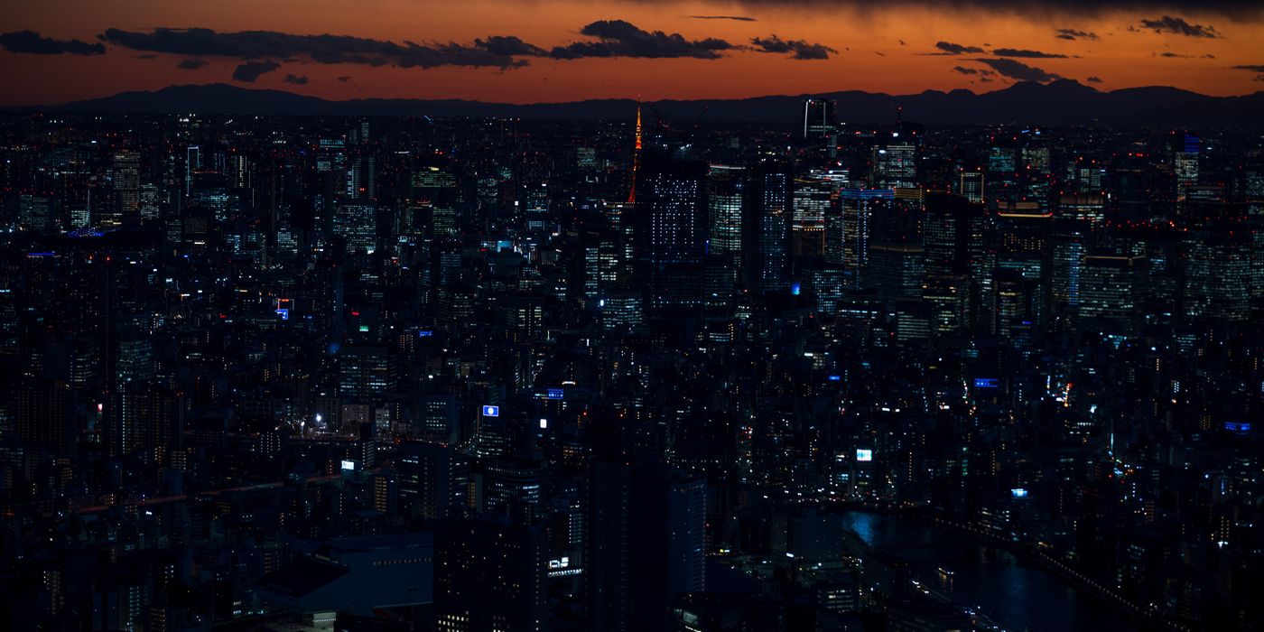 Tokyo skyline at twilight with dense city buildings stretching to the horizon