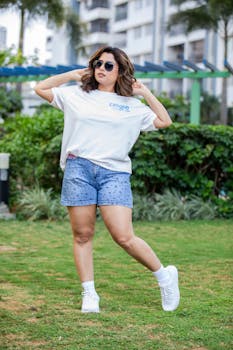 Young woman posing stylishly in casual shorts and sneakers in park setting.