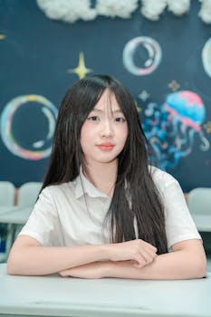 Young woman in school uniform posing in a colorful classroom with artistic backdrop.