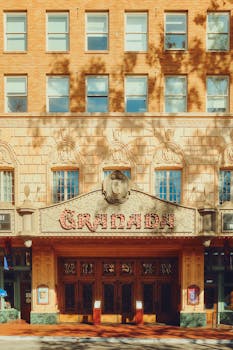 Vintage facade of the Granada Theater on a sunny day in Santa Barbara.