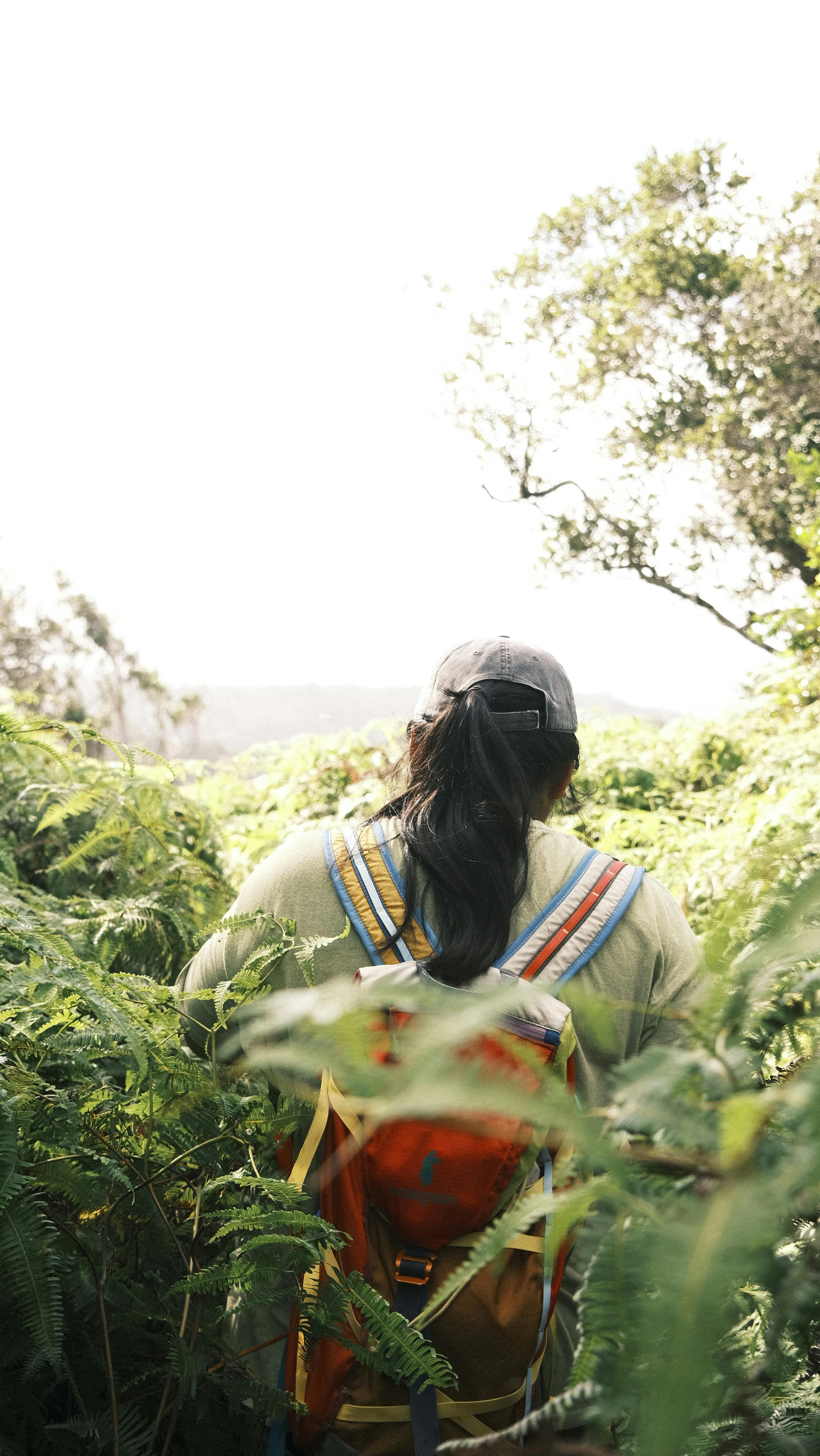 Woman hiker wearing a hat and long sleeves for sun protection on a lush forest trail.