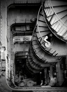 Black and white aerial shot of a spiral staircase in Istanbul, Turkey.